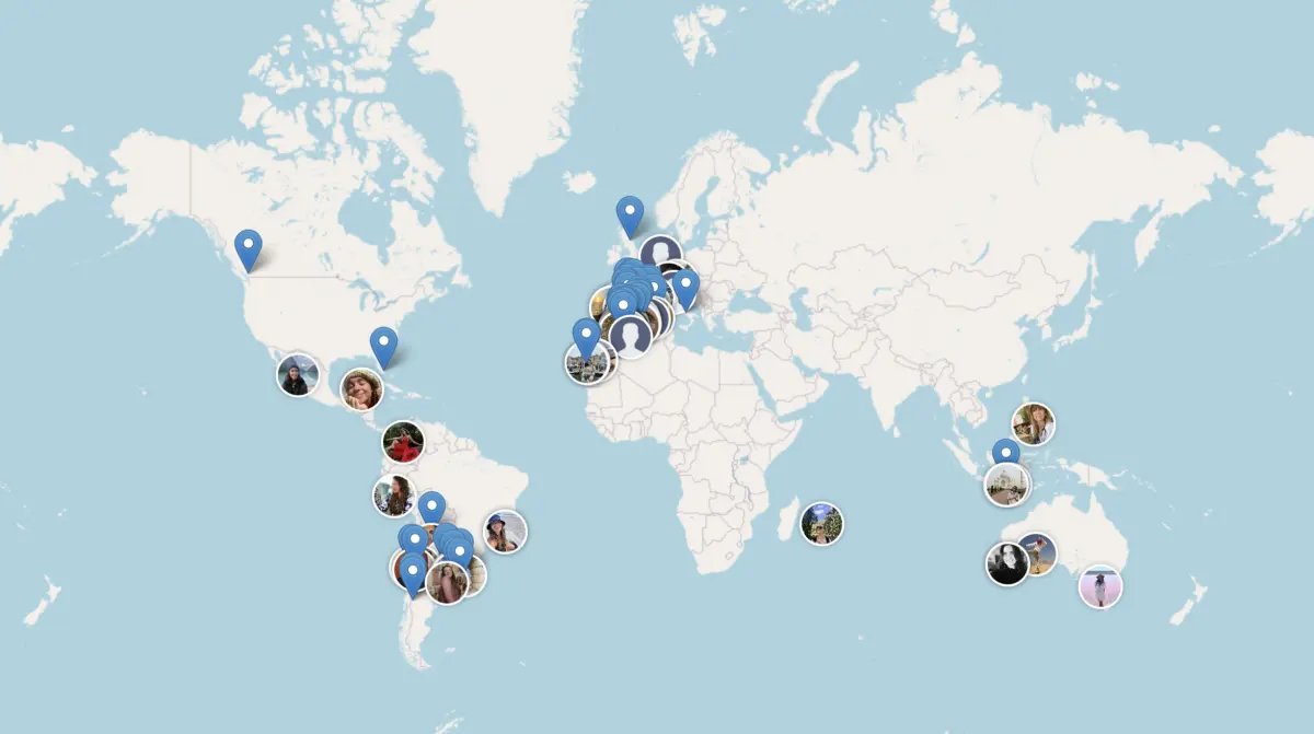 Mapa del mundo con los países donde viven los alumnos del Instituto Nómada